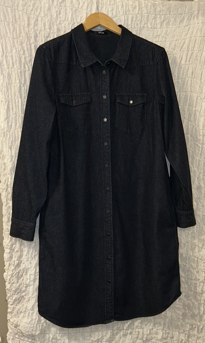 OPUS: Black Denim Shirt Dress, Long Sleeves, Pockets, Size: XL (42)