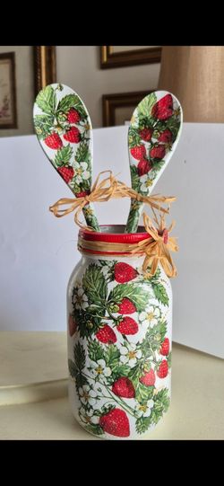 Strawberries hand designed and decoupaged spoon and jar sets