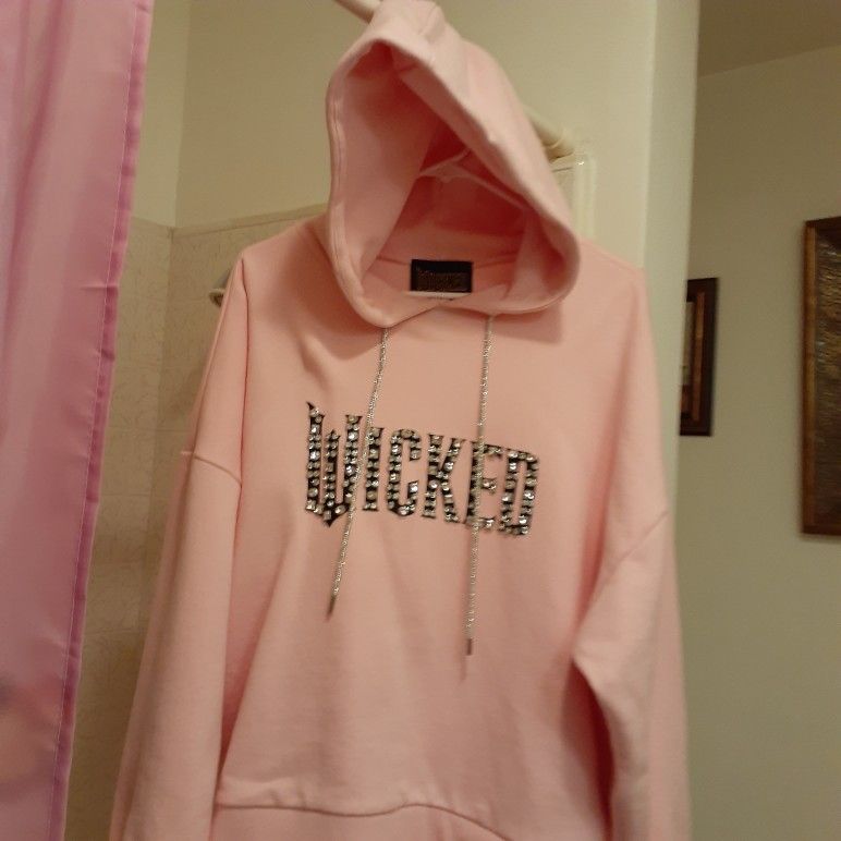 WICKED WOMENS PINK RHINESTONE SWEATSHIRT  PLUS SIZE