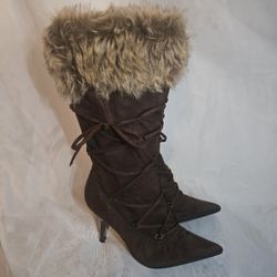 LACE UP FUR KITTEN HEEL BOOTS