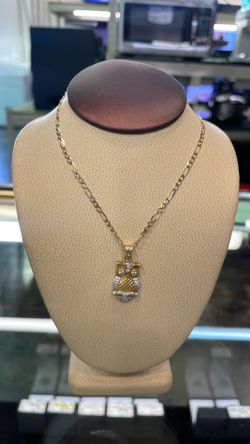 14K 4.9g 20in LYG FIGARO CHAIN W/ OWL PENDANT