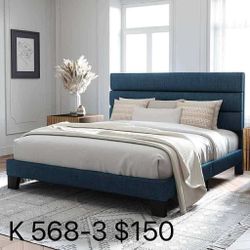 King Size Platform Bed Frame with Fabric Upholstered Headboard and Wooden Slats Support,(568-3)