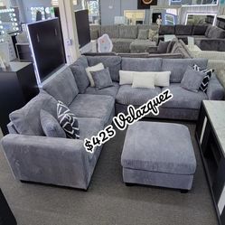 ✅️✅️ 4pc dark Grey corduroy fabric sectional sofa with rounded arms and ottoman ✅️✅️