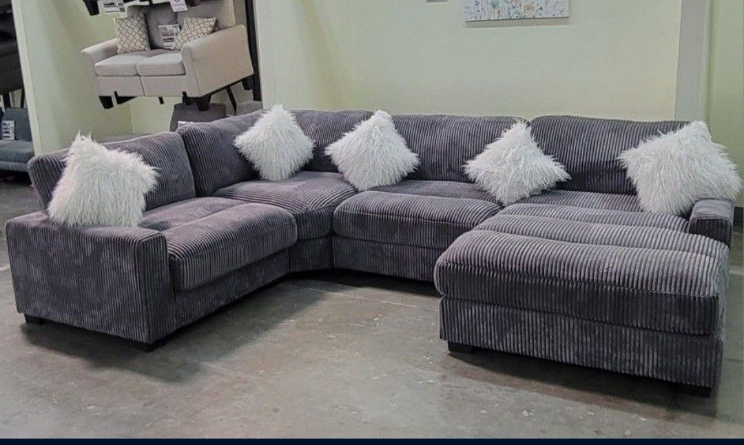 ✅️"4 pc grey wide welt cordury fabric upholstered modular sectional sofa with chaise"✅️✅️
