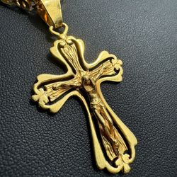 Antique Jewelry 18k Solid Yellow Gold Cross Jesus Religious Cross Pendant charm