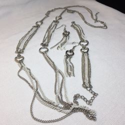 Silver Tone and White Chain Heart Accented Necklace, Earrings and Bracelet Set