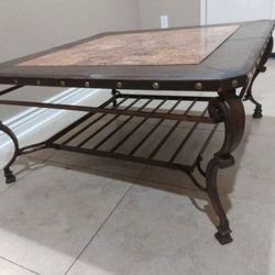 WROUGHT IRON,LEATHER,MARBLE COFFEE TABLE
