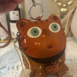 Genuine Leather Cat And Fish Wristlet 