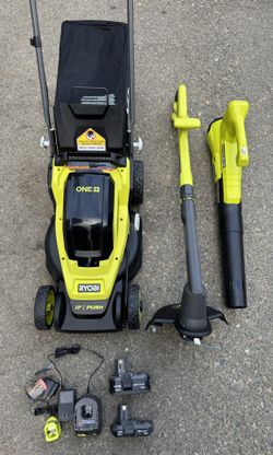 Ryobi ONE+ HP 18V Brushless 13in. Cordless Battery Walk Behind Push Lawn Mower, Blower & String Trimmer