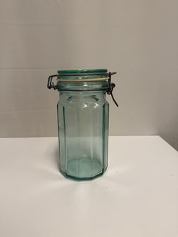 Italian Octagonal Teal Glass Jar with Wire Bail Lid