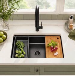 Fregadero de cocina bajo encimera, fregadero de estación de trabajo de acero inoxidable negro metálico de 30×18 pulgadas, fregaderos de cocina de un s