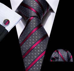 Grey Red Stripe Silk Pocket Square & Cufflinks Set