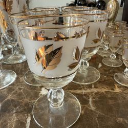 Qty # 7 Libbey Mid-Century Gold Leaf Golden Foliage 9 Oz Goblet Set Of 7 Excellent Cond 1950's Libbey Golden Foliage Glassware | Vintage Blown Glass |