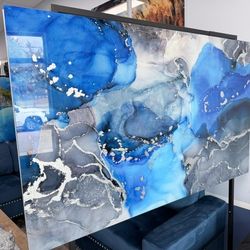 Blue White Abstract Tempered Glass Wall Art 60x36 