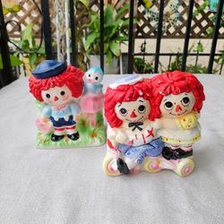 Set of 2 Vintage Bobbs-Merrill Co, Raggedy Ann and Andy planters