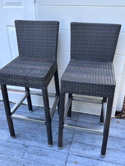 Set of 2 Bar Height Outdoor Stools Brown Faux Wicker w/ Backs