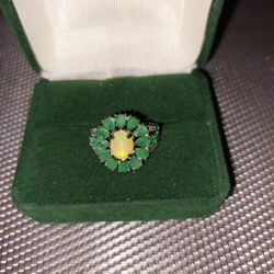 Sterling Silver Genuine Ethiopian Opal/Emerald/Diamo D Ring Sz7