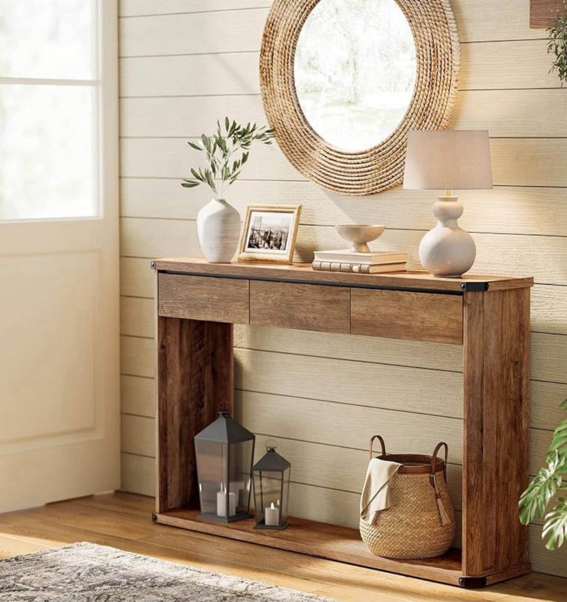 Console Table, 47.2 Inches Sofa Table, Narrow Entryway with 3 Drawers, Bottom Shelf, Metal Corners, for Living Room, Bedroom, Farmhouse St