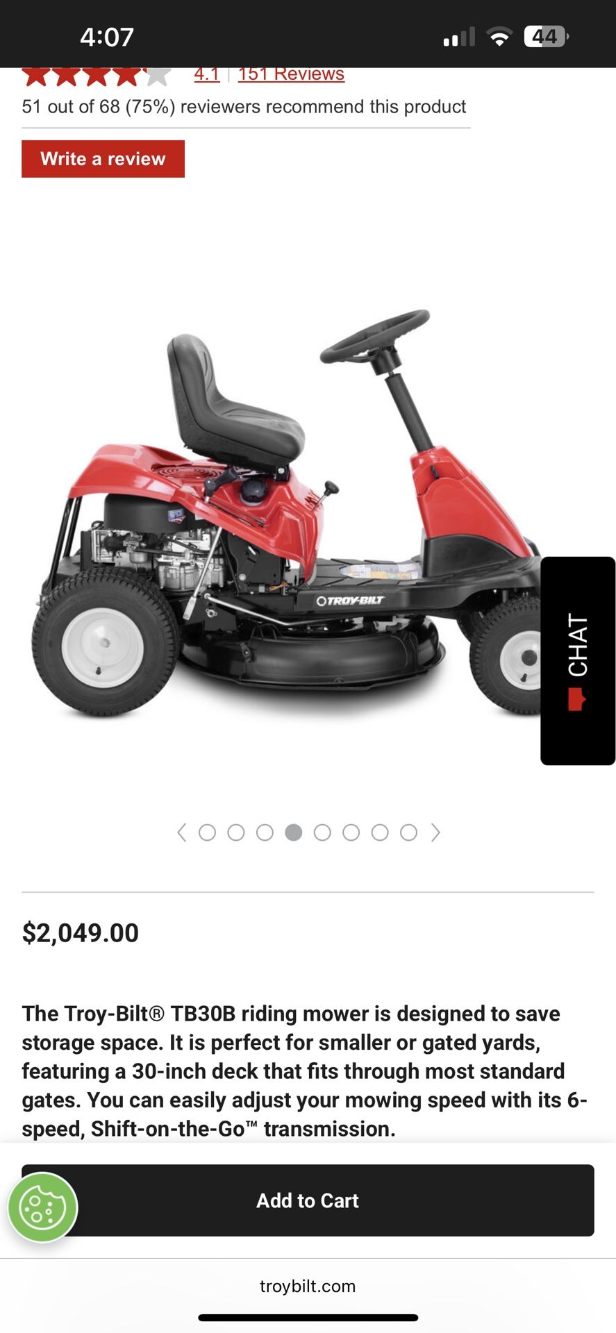 The Troy-Bilt® TB30B riding mower is designed to save storage space. It is perfect for smaller or gated yards, featuring a 30-inch deck that fits thro