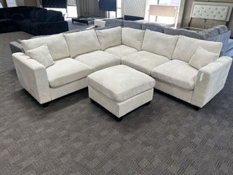 Cream Light Beige Sectional W/ Matching Ottoman 