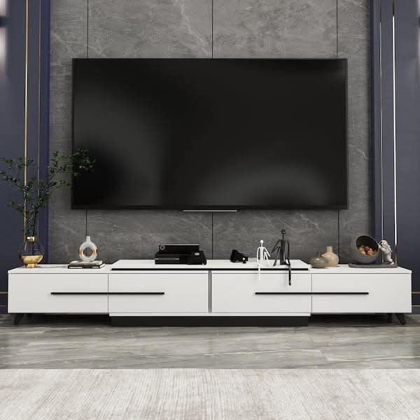 Modern Wood White TV Media Console Entertainment Center with Adjustable Length and Drawers Fits TV's up to 100 in