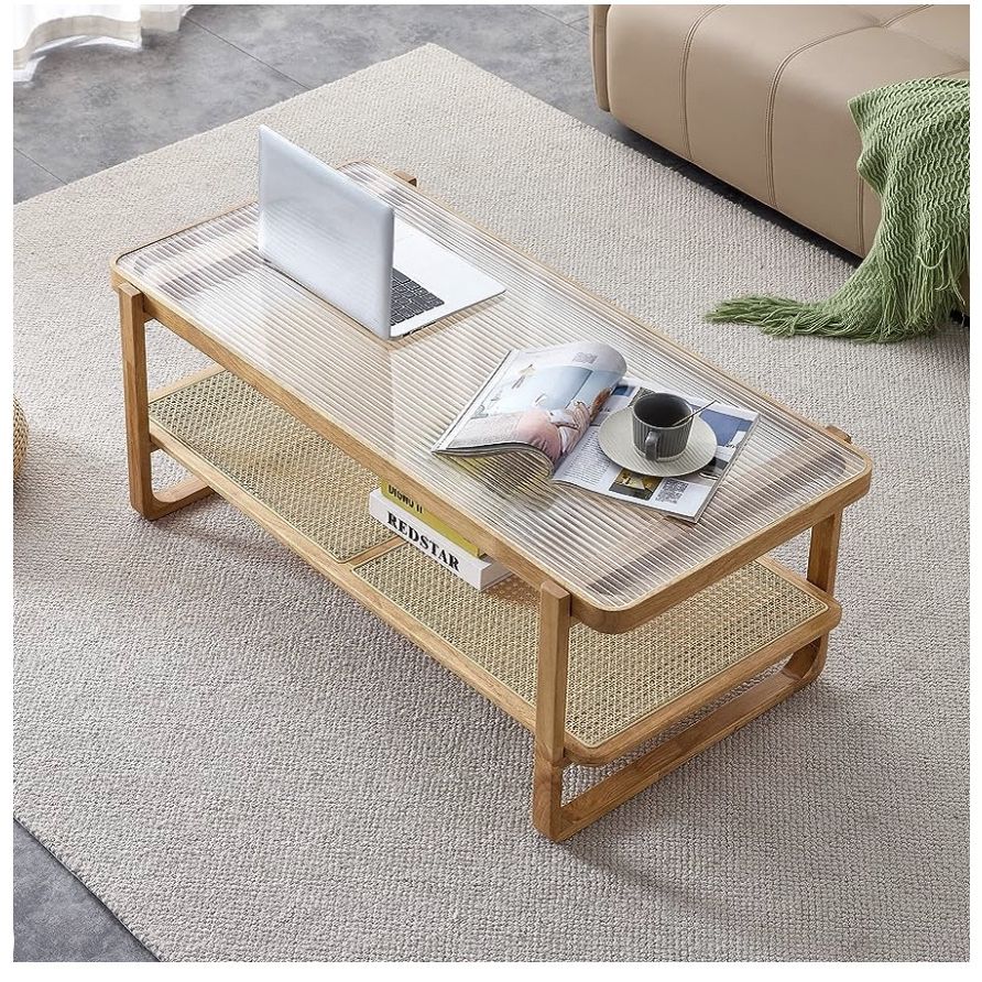 Rattan Coffee Table with Tempered Glass Top,Wood Coffee Table for Living Room,Glass Top Coffee Table with Imitation Rattan Storage Shelf, Rectangle Co