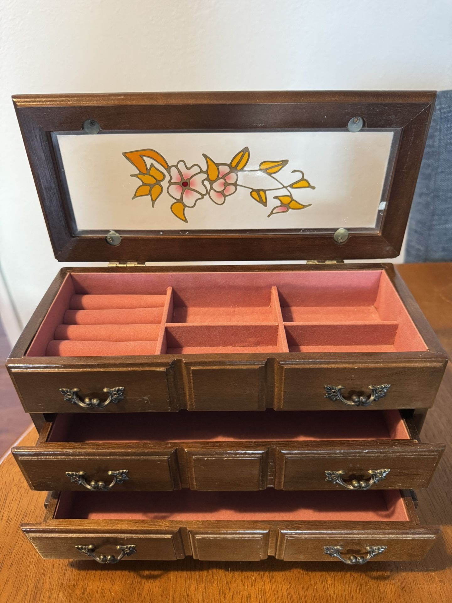 Antique Wooden Jewelry With Hand Painted Stained Glass