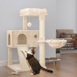 Cat Tree 36 Inches Cat Tower with Hammock, Sisal Scratching Post for Indoor Kittens, Small Room, Beige 
