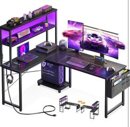 AODK L Shaped Desk Gaming Desk with LED Light & Power Outlet, 53 Inch Reversible L Shaped Computer Table with Shelf & Storage Bag & Hook for Home Offi