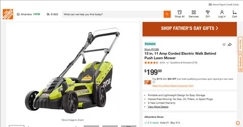 RYOBI Corded Electric Lawn Mower w/ Extension Cord