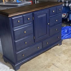 Large Wooden Dresser w/ Cabinet Navy Stained Refinished 