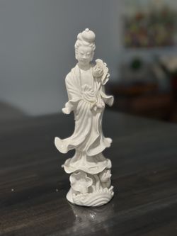 Vintage - Circa Early 1900's - "Blanc de Chine" - White Porcelain Statue - Figure of Goddess - Guanyin Standing on Lotus Flower - Chinese 