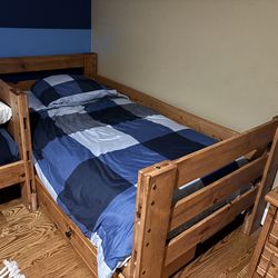 Solid wood bunk beds, bedside table and ladder along w two mattresses (twin)