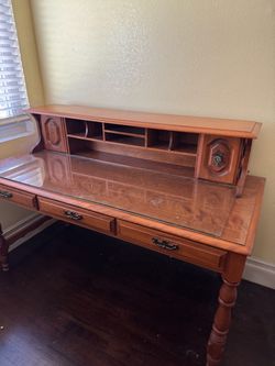 Vintage Solid Wood Writing Desk with Glass Top & Storage – $150