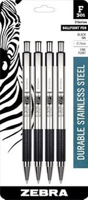 Zebra Pen F-301 Retractable Ballpoint Pen, Stainless Steel Barrel, 0.7mm, Black Ink, 4-Pack