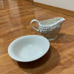 Vintage White Porcelain Gravy Boat and Bowl