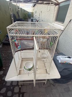 Large White Metal Bird Cage on Wheels