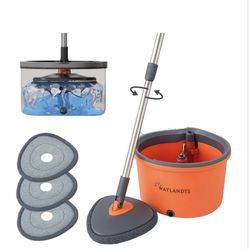 WAYLANDTS Spin Mop & Tear Drop Bucket Set With 3 Pads - Dual Compartment Design For Clean & Dirty Water, 360° Swivel Mop Head, Built-In Scrubbing Brus