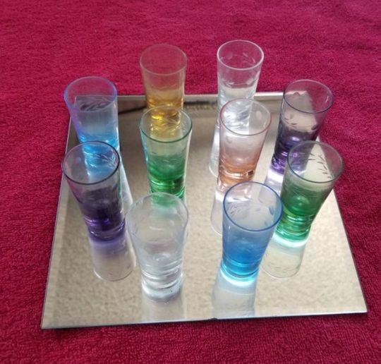 Antique Shot Glasses, Various Colors, Etched Pattern, Set of 10, Includes Display Mirror