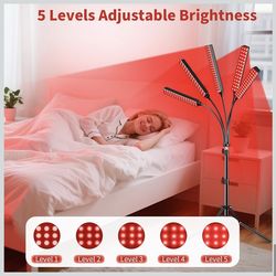 Cholas Red Light Therapy for Face Body, 5 Heads Red Infrared Light Therapy Devices with Stand, 5 Levels Adjustable Brightness 660nm and 850nm Near Inf