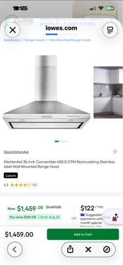 KitchenAid 36-inch stainless steel wall-mount range hood