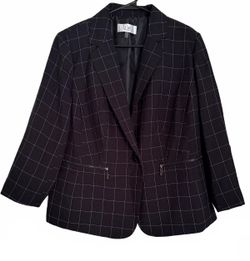 Le Suit Women's Blazer Jacket Size 14W Plaid Check Preppy Office Classic Black