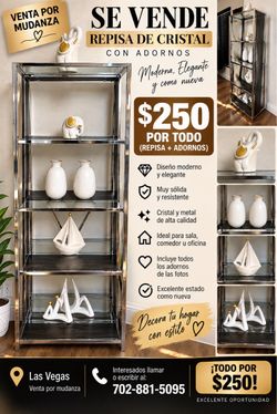 REPISA DE ceramica CON ADORNOS – $250Se vende hermosa repisa decorativa de cristal, con estructura metálica cromada y detalles en madera oscura. Está