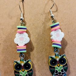 Owl Earrings-Colorful owl-themed earrings with floral accents.