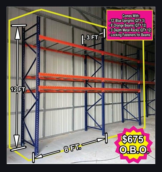 Industrial Storage Shelving For Commercial Use - 12 ft tall x 16ft in total length x 3ft in Depth