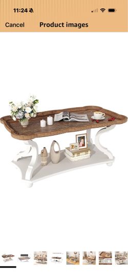 Function Home Farmhouse Coffee Table, 2-Tier Center Table with Storage Shelf, 39.8" French Country Rectangle Accent Table with Natural Tray Top and Cu