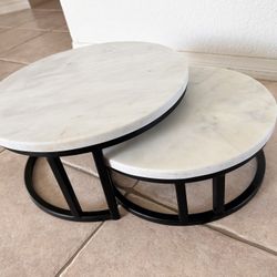  2 - Round Marble Top Stool Table Set. 