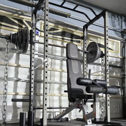 《FREE LOCAL DELIVERY》SQUAT RACK + BENCH + OLYMPIC PLATES + ROGUE BARBELL + 58" BARBELL + BAR STORAGE 