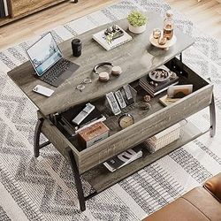 Lift Top Coffee Table with Storage, 42" Industrial Mesh Shelve Space-Saver Table, Wooden Rising Tabletop Oval Center Table for Living Room