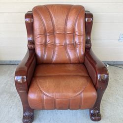 Brown Leather Armchair With Carved Wood Frame 